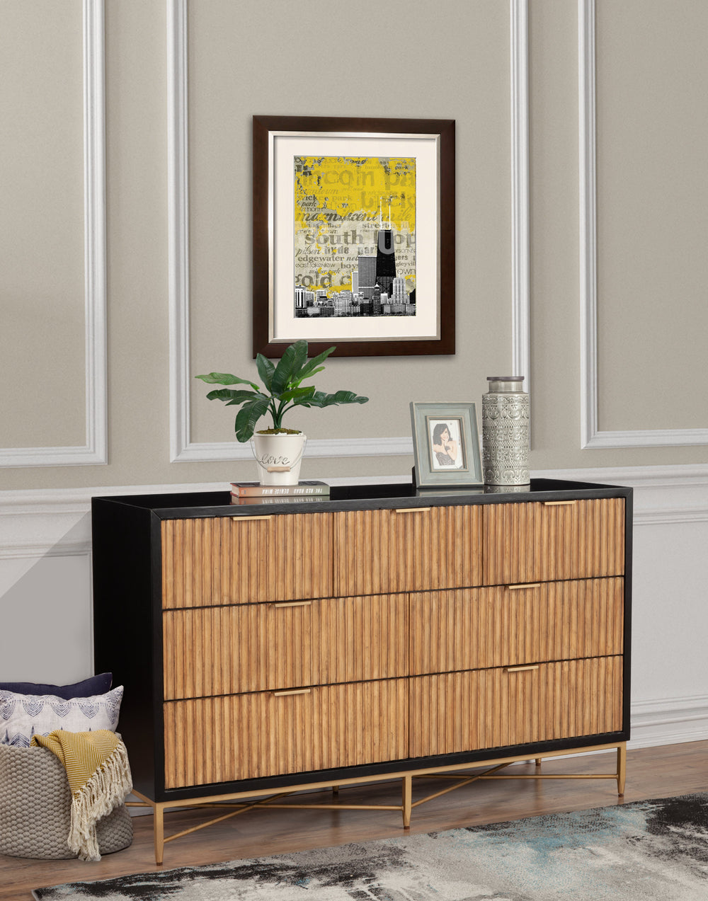 Larsen Dresser - Elegant Black Mahogany with Gold Accents, Textured Drawers & Felt-Lined Top Drawer