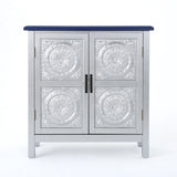 Alana Modern Firwood Cabinet with Carved Panels, Silver and Navy Blue