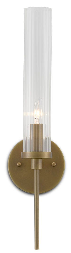 Bellings Antique Brass Wall Sconce - Elegant Striated Glass Shade, Damp Location Certified Lighting