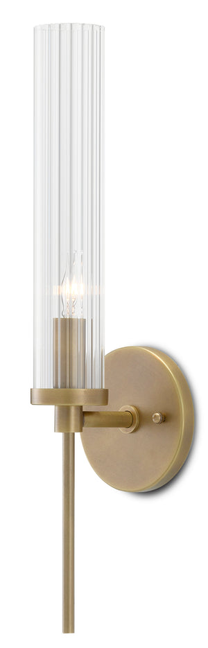 Bellings Antique Brass Wall Sconce - Elegant Striated Glass Shade, Damp Location Certified Lighting