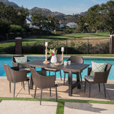 Nala Outdoor 7 Piece Multibrown Wicker Dining Set with Brown Stone Finish Light Weight Concrete Dining Table and Textured Beige Water Resistant Cushions Noble House