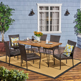 Walker Patio Dining Set, 72" 6-Seater, Acacia Wood, Iron Table Legs, Stacking Wicker Chairs, Teak, Rustic Metal, Multi-Brown Noble House