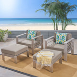 Cape Coral Outdoor Aluminum 2-Seater Club Chair Chat Set with Ottomans, Silver and Khaki Noble House