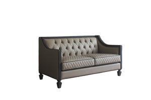 House Beatrice Transitional Loveseat with 3 Pillows Tan PU(#G04), Black PU(#F6229-40A) & Charcoal Finish 58816-ACME