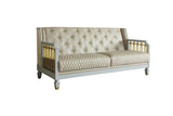 House Marchese Transitional Sofa with 3 Pillows Pearl White PU(#03), Two Tone Beige Fabric(ABE-40), Gold & Pearl Gray Finish 58865-ACME