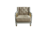House Marchese Transitional Chair with Pillow Pearl White PU(#03), Two Tone Beige Fabric(ABE-40), Gold & Pearl Gray Finish 58867-ACME