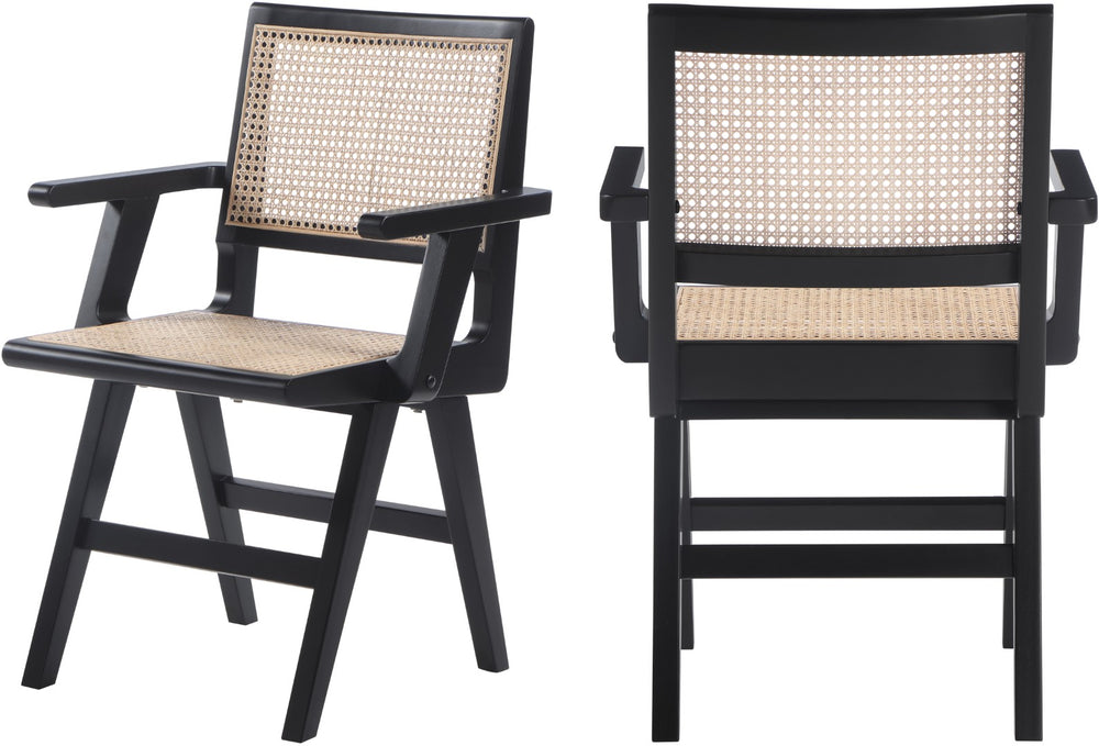 Preston Natural Cane / Rubberwood Mid-Century Black Wood Dining Arm Chair - 23" W x 22" D x 34.5" H