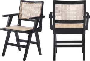 Preston Natural Cane / Rubberwood Mid-Century Black Wood Dining Arm Chair - 23" W x 22" D x 34.5" H