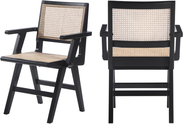 Preston Natural Cane / Rubberwood Mid-Century Black Wood Dining Arm Chair - 23" W x 22" D x 34.5" H