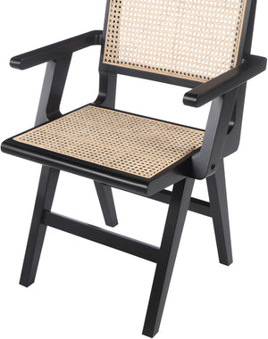 Preston Natural Cane / Rubberwood Mid-Century Black Wood Dining Arm Chair - 23" W x 22" D x 34.5" H