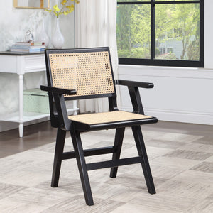 Preston Natural Cane / Rubberwood Mid-Century Black Wood Dining Side Chair - 18.5" W x 22" D x 34.5" H