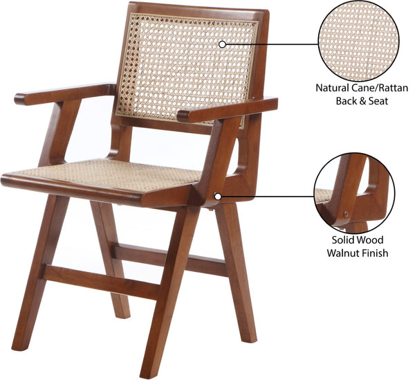 Preston Natural Cane / Rubberwood Mid-Century Walnut Wood Dining Arm Chair - 23" W x 22" D x 34.5" H