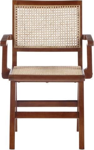 Preston Natural Cane / Rubberwood Mid-Century Walnut Wood Dining Arm Chair - 23" W x 22" D x 34.5" H