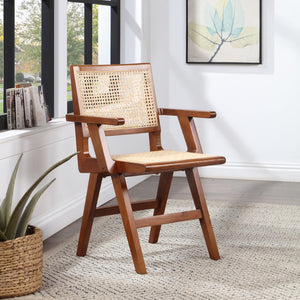 Preston Natural Cane / Rubberwood Mid-Century Walnut Wood Dining Arm Chair - 23" W x 22" D x 34.5" H