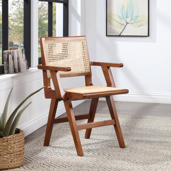 Preston Natural Cane / Rubberwood Mid-Century Walnut Wood Dining Arm Chair - 23" W x 22" D x 34.5" H