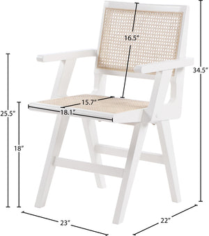 Preston Natural Cane / Rubberwood Mid-Century White Wood Dining Arm Chair - 23" W x 22" D x 34.5" H