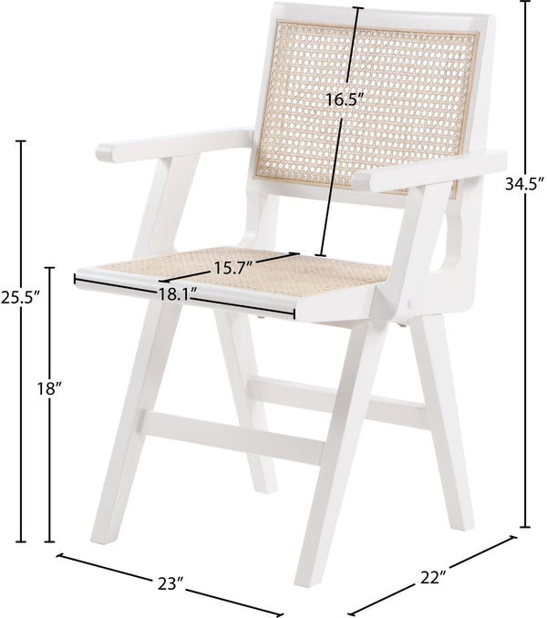 Preston Natural Cane / Rubberwood Mid-Century White Wood Dining Arm Chair - 23" W x 22" D x 34.5" H