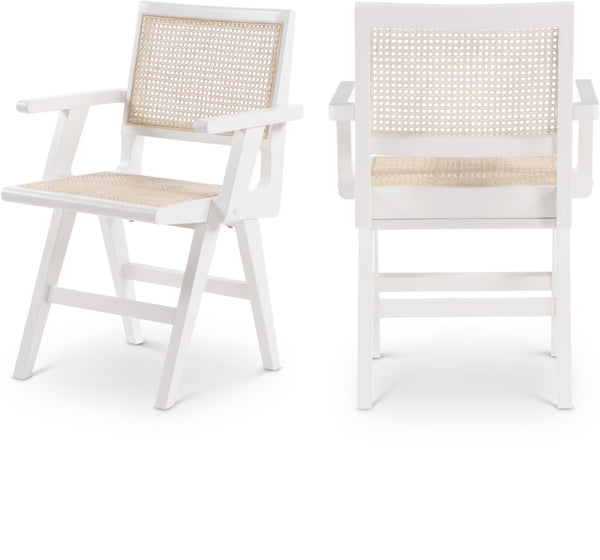 Preston Natural Cane / Rubberwood Mid-Century White Wood Dining Arm Chair - 23" W x 22" D x 34.5" H