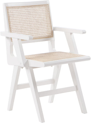 Preston Natural Cane / Rubberwood Mid-Century White Wood Dining Arm Chair - 23" W x 22" D x 34.5" H