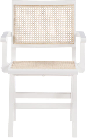 Preston Natural Cane / Rubberwood Mid-Century White Wood Dining Arm Chair - 23" W x 22" D x 34.5" H