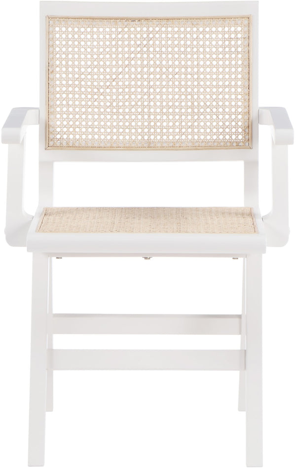 Preston Natural Cane / Rubberwood Mid-Century White Wood Dining Arm Chair - 23" W x 22" D x 34.5" H