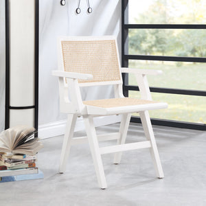 Preston Natural Cane / Rubberwood Mid-Century White Wood Dining Arm Chair - 23" W x 22" D x 34.5" H