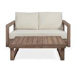 Westchester Outdoor Acacia Wood Loveseat Set with Coffee Table, Brown and Beige Noble House