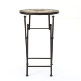 Silvester Outdoor Beige and Black Stone Side Table with Iron Frame