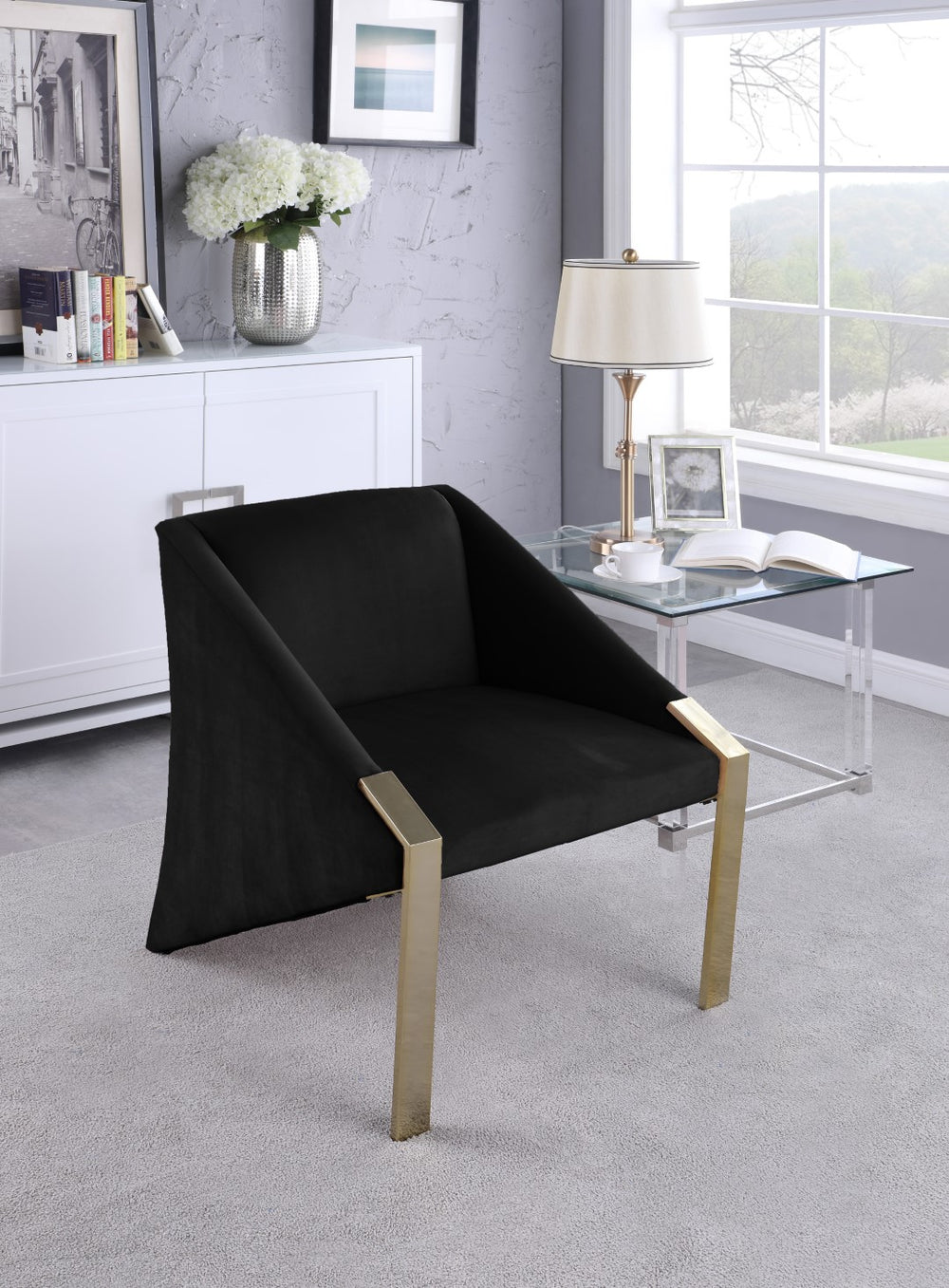 Rivet Velvet / Engineered Wood / Steel Contemporary Black Velvet Accent Chair - 25.5" W x 28" D x 32" H
