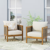 Burchett Outdoor Acacia Wood Club Chairs with Cushions, Teak, Mixed Brown, and Beige Noble House