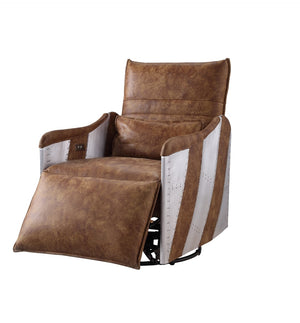 Qalurne Industrial Power Recliner with Swivel Function 2-Tone Mocha Top Grain Leather & Aluminum 59942-ACME