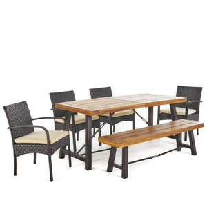 Betsys Outdoor 6 Piece Teak Finished Acacia Wood Dining Set with Multibrown Wicker Dining Chairs and Crème Water Resistant Cushions Noble House