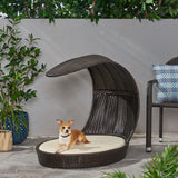 Noble House Mershon Outdoor Wicker Dog Bed with Water-Resistant Cushion, Multi-Brown and Beige