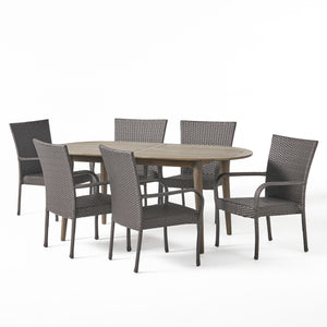 Noble House Elderon Outdoor 7 Piece Acacia Wood Dining Set with Stacking Wicker Chairs, Gray
