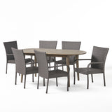 Elderon Outdoor 7 Piece Acacia Wood Dining Set with Stacking Wicker Chairs