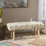 Laveta Handcrafted Boho Wool and Cotton Rectangular Bench, Ivory Knit and Natural Noble House