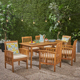Casa Acacia Patio Dining Set, 6-Seater, 71" Rectangular Table with Straight Legs, Teak Finish, Cream Outdoor Cushions Noble House