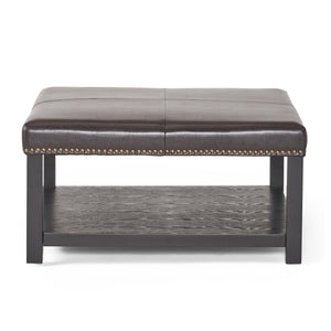 Julia Contemporary Upholstered Birch Wood Ottoman with Shelf, Brown and Dark Brown Noble House
