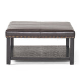 Julia Contemporary Upholstered Birch Wood Ottoman with Shelf, Brown and Dark Brown