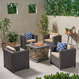 Wentz Outdoor 4 Club Chair Chat Set with Fire Pit, Dark Brown and Beige Noble House