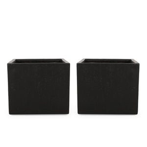 Ella Outdoor Modern Large Cast Stone Square Planters, Black Noble House