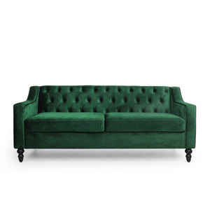 Noble House Knouff Modern Glam Tufted Velvet 3 Seater Sofa, Emerald and Dark Brown 