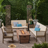 Carolina Outdoor 4 Piece Acacia Wood Conversational Set with Cushions and Fire Pit, Gray with Cream and Brown Noble House