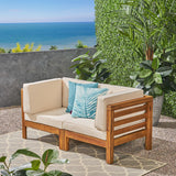 Oana Outdoor Modular Acacia Wood Loveseat with Cushions, Teak and Beige Noble House