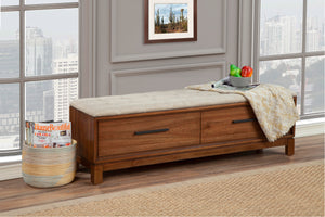 Nova Bench in Honey Maple - Fully Assembled with Dovetail Drawers and Button Tufted Cushion Seat