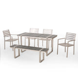 Noble House Mora Outdoor 6 Piece Aluminum Dining Set, Gray, Dark Gray, and Silver
