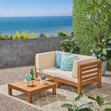 Oana Outdoor Modular Acacia Wood Loveseat and Table Set with Cushions, Teak and Beige Noble House