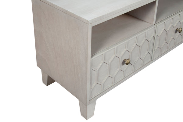 Denver TV Console with Honeycomb Design – Gray Mahogany Stand, 3 Drawers & Open Shelves for Storage