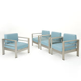 Cape Coral Outdoor Silver Aluminum Framed Club Chairs with Light Teal and White Corded Water Resistant Cushions (Set of 4)