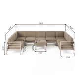 Cape Coral Outdoor Modern 9 Seater Aluminum U-Shaped Sofa Sectional Set with Ottoman, Silver and Khaki Noble House